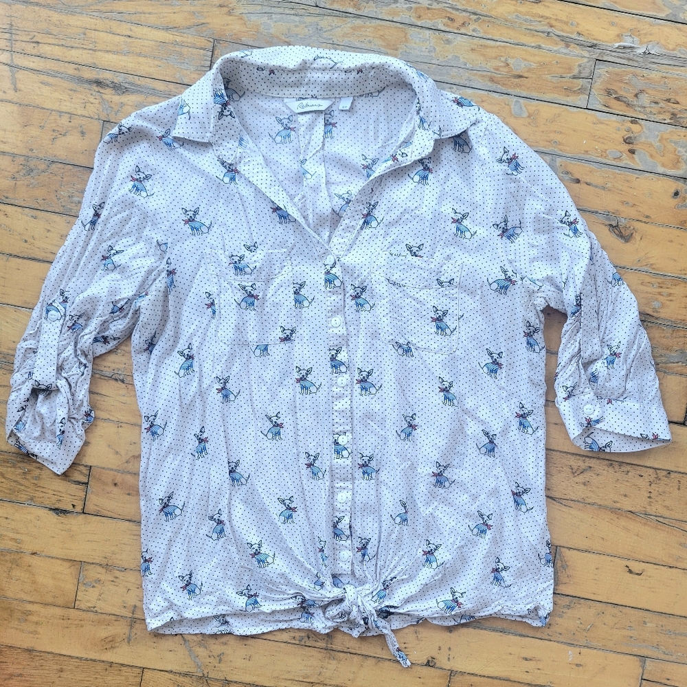 Reitmans White Blouse with Chihuahua Dog Print